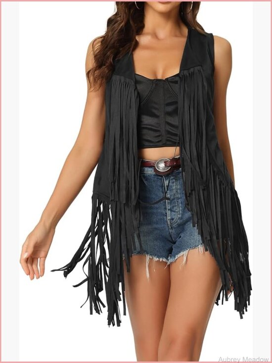 Jackets & Blazers - Faux Suede Fringe Vest Open Front Sleeveless Cardigan Tassel Boho Western Top